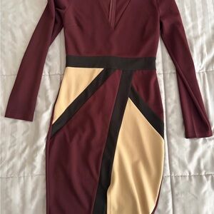Fashion Nova Burgundy and Beige Long Sleeve Dress